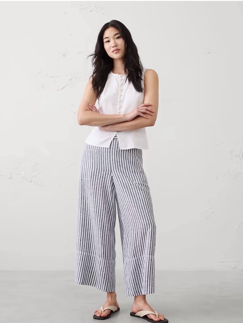 Banana Republic White & Navy Striped Wide-Leg Pants